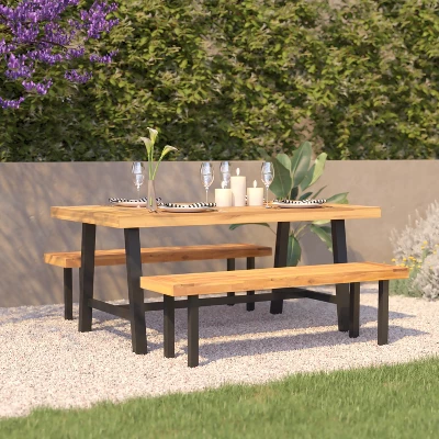 Flash Furniture All Weather Commercial Acacia Wood Top Patio Table With Metal Base-Natural/Black 1 Flash Furniture All Weather Commercial Acacia Wood Top Patio Table With Metal Base-Natural/Black