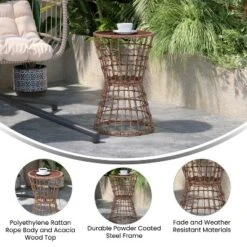 Flash Furniture Devon Indoor/Outdoor Natural Finish Rattan Rope Table With Acacia Wood Top, Fade And Weather Resistant -Furniture GUEST 931e7011 68d7 48cd 8482 8eef0d2ede11