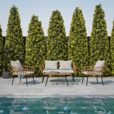 Flash Furniture Evin Boho 4 Piece Indoor/Outdoor Rope Rattan Patio Conversation Set With Tempered Glass Top Coffee Table And Cushions 1 Flash Furniture Evin Boho 4 Piece Indoor/Outdoor Rope Rattan Patio Conversation Set With Tempered Glass Top Coffee Table And Cushions