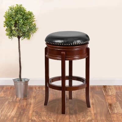 Flash Furniture 29'' High Backless Wood Barstool With Carved Apron And LeatherSoftSoft Swivel Seat 1 Flash Furniture 29'' High Backless Wood Barstool With Carved Apron And LeatherSoftSoft Swivel Seat