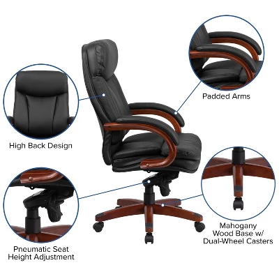 Flash Furniture High Back Black LeatherSoft Executive Ergonomic Office Chair With Synchro-Tilt Mechanism, Mahogany Wood Base And Arms 2 Flash Furniture High Back Black LeatherSoft Executive Ergonomic Office Chair With Synchro-Tilt Mechanism, Mahogany Wood Base And Arms - Image 2