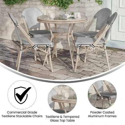 Flash Furniture Marseille Indoor/Outdoor Commercial Bistro 31.5" Table, Textilene, Glass Top With 4 Stack Chairs 2 Flash Furniture Marseille Indoor/Outdoor Commercial Bistro 31.5" Table, Textilene, Glass Top With 4 Stack Chairs - Image 2
