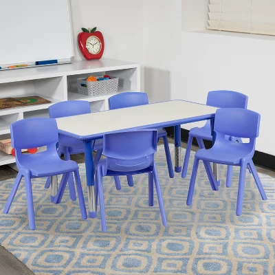 Flash Furniture 23.625"W X 47.25"L Rectangular Plastic Height Adjustable Activity Table Set With 6 Chairs 1 Flash Furniture 23.625"W X 47.25"L Rectangular Plastic Height Adjustable Activity Table Set With 6 Chairs