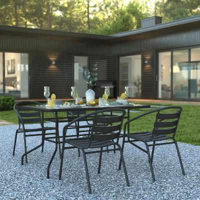 Flash Furniture 5 Piece Outdoor Patio Dining Set - 55" Tempered Glass Patio Table With Umbrella Hole, 4 Black Metal Aluminum Slat Stack Chairs 1 Flash Furniture 5 Piece Outdoor Patio Dining Set - 55" Tempered Glass Patio Table With Umbrella Hole, 4 Black Metal Aluminum Slat Stack Chairs