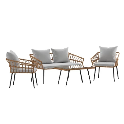 Flash Furniture Evin Boho 4 Piece Indoor/Outdoor Rope Rattan Patio Conversation Set With Tempered Glass Top Coffee Table And Cushions 13 Flash Furniture Evin Boho 4 Piece Indoor/Outdoor Rope Rattan Patio Conversation Set With Tempered Glass Top Coffee Table And Cushions - Image 13