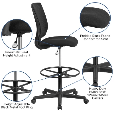 Flash Furniture Ergonomic Mid-Back Mesh Drafting Chair With Black Fabric Seat And Adjustable Foot Ring 2 Flash Furniture Ergonomic Mid-Back Mesh Drafting Chair With Black Fabric Seat And Adjustable Foot Ring - Image 2