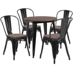 Flash Furniture 26" Round Metal Table Set With Wood Top And 4 Stack Chairs