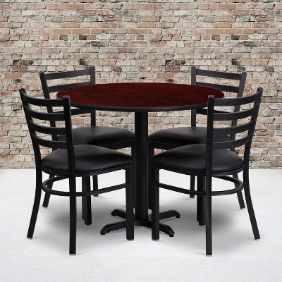 Flash Furniture 36'' Round Mahogany Laminate Table Set With X-Base And 4 Ladder Back Metal Chairs - Black Vinyl Seat 1 Flash Furniture 36'' Round Mahogany Laminate Table Set With X-Base And 4 Ladder Back Metal Chairs - Black Vinyl Seat