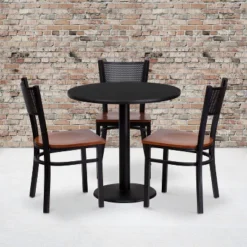 Flash Furniture 30'' Round Black Laminate Table Set With 3 Grid Back Metal Chairs - Cherry Wood Seat
