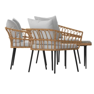 Flash Furniture Evin Boho 4 Piece Indoor/Outdoor Rope Rattan Patio Conversation Set With Tempered Glass Top Coffee Table And Cushions 2 Flash Furniture Evin Boho 4 Piece Indoor/Outdoor Rope Rattan Patio Conversation Set With Tempered Glass Top Coffee Table And Cushions - Image 2