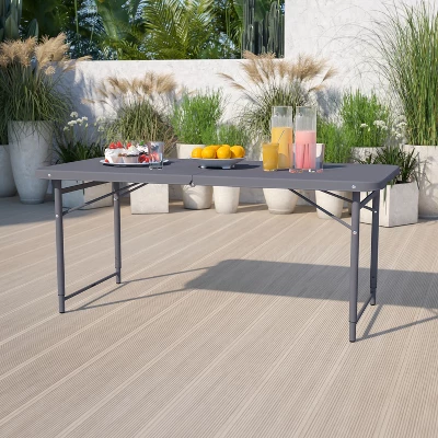 Flash Furniture 4-Foot Height Adjustable Bi-Fold Dark Gray Plastic Folding Table With Carrying Handle 1 Flash Furniture 4-Foot Height Adjustable Bi-Fold Dark Gray Plastic Folding Table With Carrying Handle
