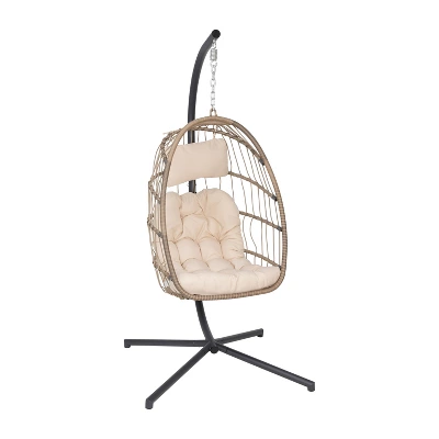 Flash Furniture Cleo Patio Hanging Egg Chair, Wicker Hammock With Soft Seat Cushions & Swing Stand, Indoor/Outdoor Cushions 3 Flash Furniture Cleo Patio Hanging Egg Chair, Wicker Hammock With Soft Seat Cushions & Swing Stand, Indoor/Outdoor Cushions - Image 3