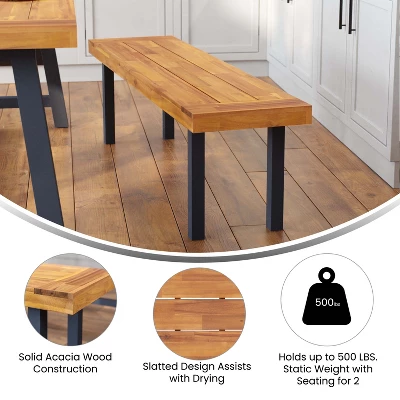 Flash Furniture Martindale Solid Acacia Wood Patio Dining Bench For 2 With Slatted Top And Black Flared Wooden Legs In A Natural Finish 3 Flash Furniture Martindale Solid Acacia Wood Patio Dining Bench For 2 With Slatted Top And Black Flared Wooden Legs In A Natural Finish - Image 3