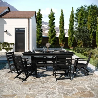 Flash Furniture Tolleson Commercial 7 Piece Adirondack Dining Set With 72" Rectangle Indoor/Outdoor Recycled HDPE Table And 6 Chairs With Cupholders 1 Flash Furniture Tolleson Commercial 7 Piece Adirondack Dining Set With 72" Rectangle Indoor/Outdoor Recycled HDPE Table And 6 Chairs With Cupholders