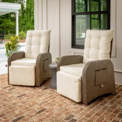 Flash Furniture Nemo Set Of 2 Indoor/Outdoor Patio Wicker Rattan Recliner Lounge Chairs With Flip Up Side Tables