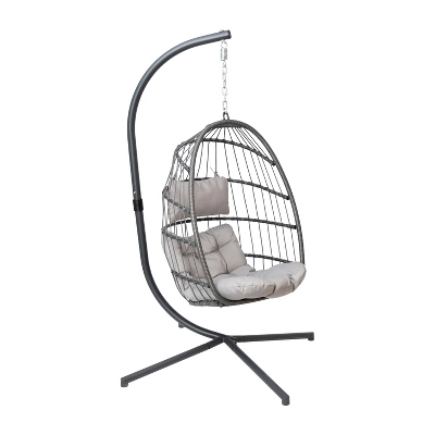 Flash Furniture Cleo Patio Hanging Egg Chair, Wicker Hammock With Soft Seat Cushions & Swing Stand, Indoor/Outdoor Cushions 2 Flash Furniture Cleo Patio Hanging Egg Chair, Wicker Hammock With Soft Seat Cushions & Swing Stand, Indoor/Outdoor Cushions - Image 2