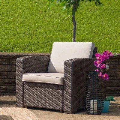 Flash Furniture Chocolate Brown Faux Rattan Chair With All-Weather Beige Cushion 1 Flash Furniture Chocolate Brown Faux Rattan Chair With All-Weather Beige Cushion
