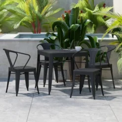 Flash Furniture All-Weather Resin Top Square Table & 4 Metal Chairs With Poly Resin Seats-Black