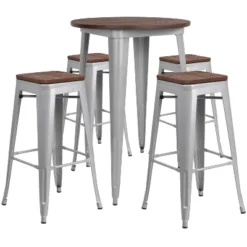 Flash Furniture 30" Round Metal Bar Table Set With Wood Top And 4 Backless Stools 5 Flash Furniture 30" Round Metal Bar Table Set With Wood Top And 4 Backless Stools -Furniture GUEST d7f40101 f7ed 447d b31e 99daddaad77c