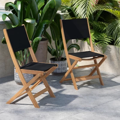 Flash Furniture 2PK All-Weather Acacia Wood Folding Bistro Chairs-Mesh Back/Seat-Natural/Black 3 Flash Furniture 2PK All-Weather Acacia Wood Folding Bistro Chairs-Mesh Back/Seat-Natural/Black - Image 3