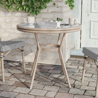 Flash Furniture Marseille Indoor/Outdoor Commercial Bistro 31.5" Table, Textilene, Glass Top, Bamboo Print Aluminum Frame 1 Flash Furniture Marseille Indoor/Outdoor Commercial Bistro 31.5" Table, Textilene, Glass Top, Bamboo Print Aluminum Frame