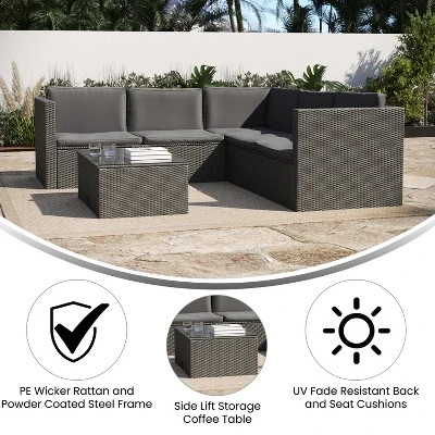 Flash Furniture Roan Indoor/Outdoor L-Shaped Sectional With Coffee Table In Wicker PE Rattan With Cushions 7 Flash Furniture Roan Indoor/Outdoor L-Shaped Sectional With Coffee Table In Wicker PE Rattan With Cushions - Image 7