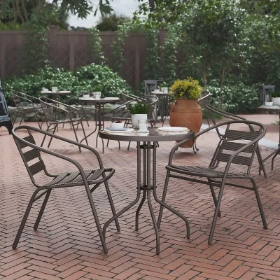 Flash Furniture Lila 23.75'' Round Glass Metal Table With 2 Metal Aluminum Slat Stack Chairs 1 Flash Furniture Lila 23.75'' Round Glass Metal Table With 2 Metal Aluminum Slat Stack Chairs