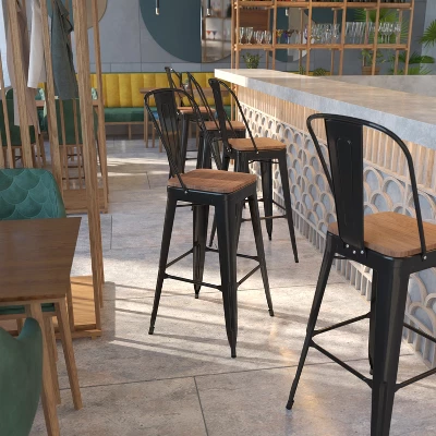 Flash Furniture 30" High Metal Barstool With Back And Wood Seat 1 Flash Furniture 30" High Metal Barstool With Back And Wood Seat