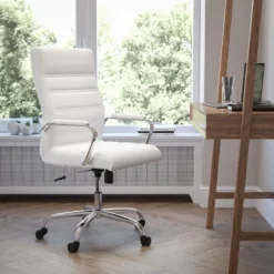 Flash Furniture High Back White LeatherSoft Executive Swivel Office Chair With Chrome Frame And Arms