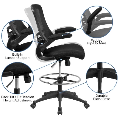 Flash Furniture Mid-Back Black Mesh Ergonomic Drafting Chair With Adjustable Foot Ring And Flip-Up Arms 4 Flash Furniture Mid-Back Black Mesh Ergonomic Drafting Chair With Adjustable Foot Ring And Flip-Up Arms - Image 4