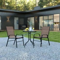 Flash Furniture 3 Piece Outdoor Patio Dining Set - Tempered Glass Patio Table, 2 Flex Comfort Stack Chairs