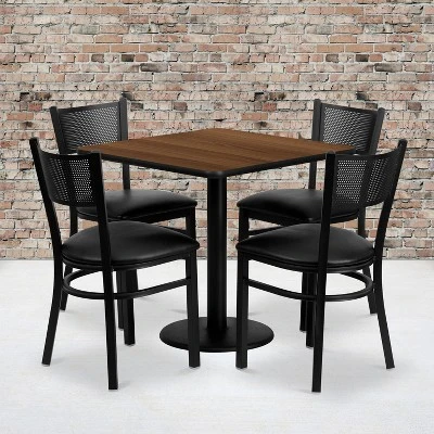 Flash Furniture 30'' Square Walnut Laminate Table Set With 4 Grid Back Metal Chairs - Black Vinyl Seat 1 Flash Furniture 30'' Square Walnut Laminate Table Set With 4 Grid Back Metal Chairs - Black Vinyl Seat