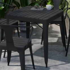Flash Furniture All-Weather Resin Top Square Table & 4 Metal Chairs With Poly Resin Seats-Black -Furniture GUEST fc56a9b0 4540 49a2 8901 c3eeaeb2a6fb