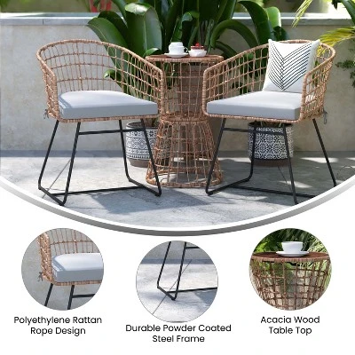 Flash Furniture Devon 3-Piece Patio Bistro Set, Indoor/Outdoor Rattan Rope Chairs, Acacia Wood Top Table & Seat Cushions 5 Flash Furniture Devon 3-Piece Patio Bistro Set, Indoor/Outdoor Rattan Rope Chairs, Acacia Wood Top Table & Seat Cushions - Image 5