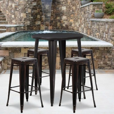 Flash Furniture Commercial Grade 30" Round Metal Indoor-Outdoor Bar Table Set With 4 Square Seat Backless Stools 1 Flash Furniture Commercial Grade 30" Round Metal Indoor-Outdoor Bar Table Set With 4 Square Seat Backless Stools